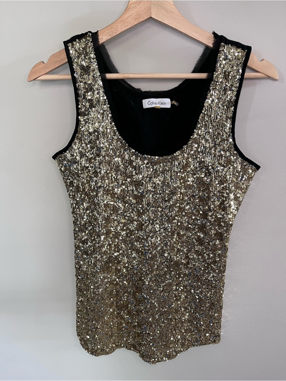 Calvin Klein Gold Sequin Front Tank Top Black Back Scoop Neck Party‎ Glam Medium